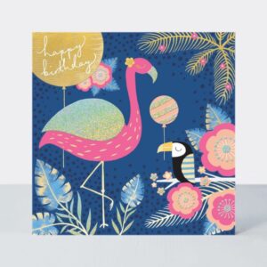 birthday card with pink flamingo and tropical background